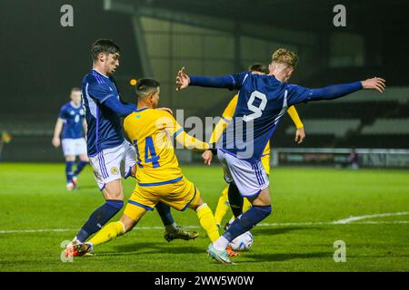 21. März 24. Paisley, Großbritannien. Schottland spielte gegen Kasachstan in der Qualifikation zur UEFA-U21-Meisterschaft im Smisa Stadium, Paisley, Schottland. Die Tore wurden von Josh Doig (3) 19 Minuten, Tommy Cameron (17) 24 Minuten, Tommy Conway (9) 38 Minuten Elfmeterschießen, Lewis Fiorini (10) 55 Minuten. Yan Trufanov (9) erzielte in 68 Minuten einen Elfmeter oder Kasachstan. Quelle: Findlay/Alamy Live News Stockfoto