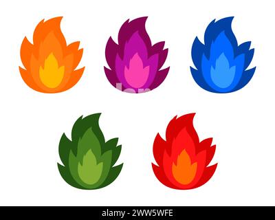 Buntes Set Symbol Feuer heiße Explosion Gefahr brennbar brennbar Zündung Flamme Symbol Stock Vektor