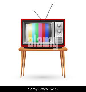 Vector Red Retro TV Set auf dem Holztisch, isoliert, Vorderansicht. Designvorlage für Vintage-Fernseher. Klassischer Retro-TV-Receiver mit Testkarte Stock Vektor