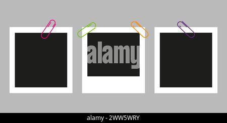 Die Polaroid-Kamera rahmt ein Fotomockup-Scrapbook auf eine graue Wand. Mit farbigen Büroklammern gesichert. Schwarze Fotorahmen-Vorlage. Vektorabbildung. Stock Vektor