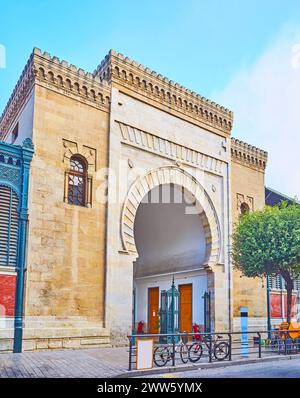 Das mittelalterliche maurische Tor des historischen Central Atarazanas Lebensmittelmarktes in Malaga, Spanien Stockfoto