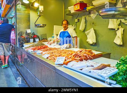 MALAGA, SPANIEN - 28. SEPTEMBER 2019: Der Fischstand im Fischbereich des Atarazanas Central Market, am 28. September in Malaga Stockfoto