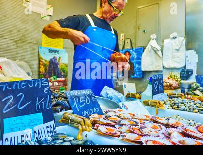 MALAGA, SPANIEN - 28. SEPTEMBER 2019: Der Fischstand auf dem Atarazanas Markt ist mit frischen Jakobsmuscheln, Muscheln und verschiedenen anderen Meeresfrüchten gefüllt Stockfoto