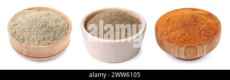 Aromatische Gewürze. Verschiedene Arten von gemahlenem Pfeffer in Schüsseln auf weißem Hintergrund, Set Stockfoto