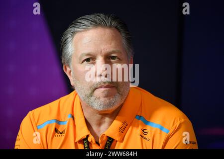 MELBOURNE, AUSTRALIEN, 22. März 2024. McLaren Formel-1-Team, Chief Executive Officer von McLaren Racing Zak Brown während der Pressekonferenz nach dem freien Training am Freitag beim FIA Formel-1-Rolex-Grand-Prix 2024 in der dritten Runde vom 22. Bis 24. März auf dem Albert Park Street Circuit in Melbourne, Australien. Quelle: Karl Phillipson/Alamy Live News Stockfoto