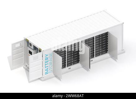 Konzept der Energiespeicherung in Containern. Türen geöffnet. Lagerung von Batterien in Regalen Allgemeines Design. 3D-Rendering-Bild. Stockfoto