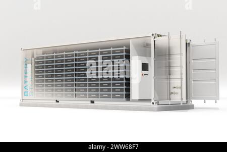Geistereffekt des Energiespeichersystems in Containern. Allgemeines Design. 3D-Rendering-Bild. Stockfoto