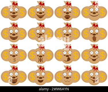 Lustige Geldbeutel. Set aus Säcken mit Dollarzeichen im Cartoon-Stil mit Gesichtern und Lächeln. Isolierte Symbole und Zeichnungen. Stock Vektor