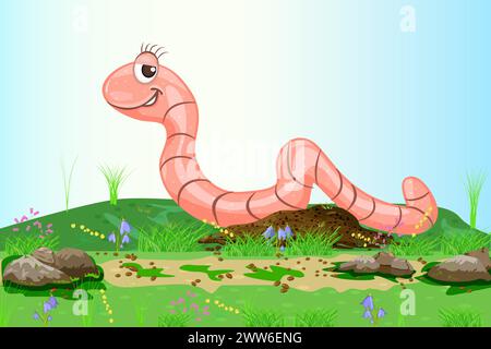 Regenwurm auf der Wiese. Niedliche Zeichentrickfigur raupe auf Sommerfeld mit Blumen. Frühlingsgarten Rasen und lustige Schraube. Abbildung des Materialvektors Stock Vektor