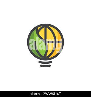 Abbildung des grünen ENERGY-Logos. Lampe mit Kugel und Blättern. Ökologiekonzept mit Glühbirne, Erde und Blättern. Symbol für Energiesparsymbol. Stock Vektor