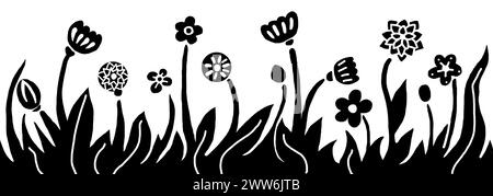 Panorama von Blumen und Kräutern auf weißem Hintergrund. Stilisierung. Schwarze Silhouetten. Dekorative, einfache Elemente. Linien, Punkte, Blütenblätter. Druckstil. Dekorativ. Stockfoto