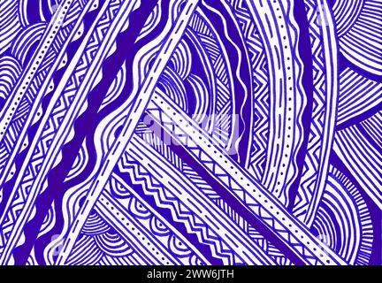Der Hintergrund ist mit einem geometrischen Ornament gefüllt. Linien, Wellen, Punkte, Dreiecke, Zickzack. Verschiedene Richtungen von Linien. Kritzeleien. Blaue Farbe auf weißem Hintergrund. Traditionelles Ornament. Geschenkpapier Stockfoto
