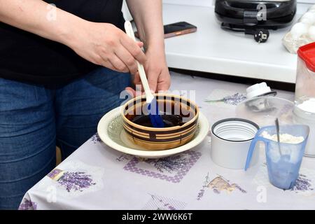 Eine Frau rührt die Zutaten für die Zubereitung von Schokoladenfudge für einen Kuchen in einem tiefen Teller. Stockfoto