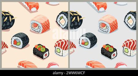 Nahtloses Muster mit Sushi, asiatischer Lebensmittelvektor. Stock Vektor