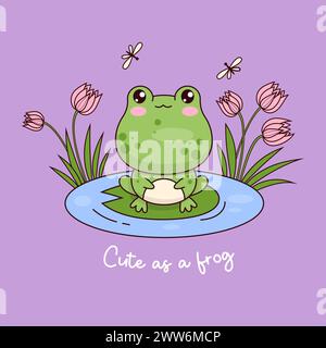 Der süße Frosch sitzt auf einem Blatt im Wasser mit Blumen und Fliegen. Tier-Kawaii-Charakter. Vektorabbildung. Coole Karte mit lustigem Schriftzug. Kinderkollektion Stock Vektor