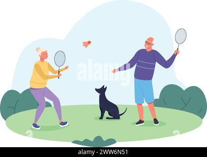 Glückliches älteres Paar spielt Badminton-Illustration im Freien. Vektorabbildung Stock Vektor