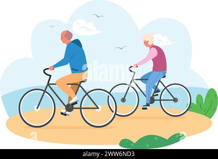Seniorenpaar, das draußen Fahrrad fährt. Sommeraktivität. Vektorabbildung Stock Vektor