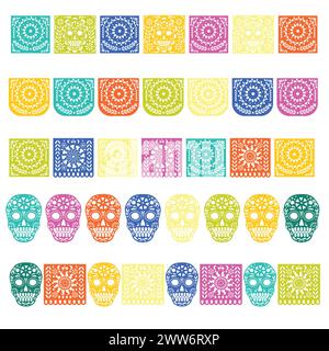 Buntes mexikanisches, perforiertes Pappel-Picado-Banner. Mexikanische Papierdekorationen Stock Vektor