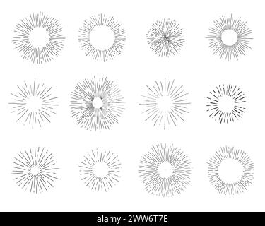 Set von Sonnenausbrüchen, Explosionseffekten, Vintage-Kritzeleien isoliert auf weißem Hintergrund Stock Vektor