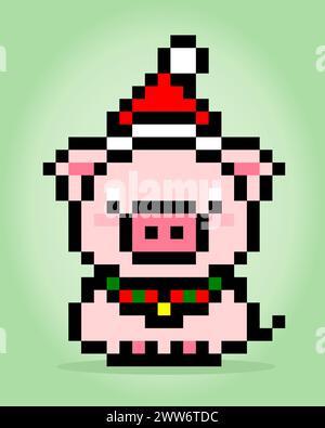 8-Bit-Pixel-Schwein mit weihnachtsmütze. Tier für Spielelemente und Kreuzstichmuster in Vektorillustrationen. Stock Vektor