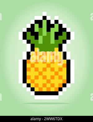 8-Bit-Pixel Ananas. Früchte für Spielelemente und Kreuzstichmuster in Vektorillustrationen. Stock Vektor