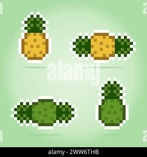 8-Bit-Pixel Ananas. Früchte für Spielelemente und Kreuzstichmuster in Vektorillustrationen. Stock Vektor