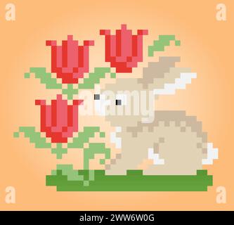 8 Bit Pixel Kaninchen und Blumen. Tiere für Spielmaterial und Kreuzstichmuster in Vektorabbildungen. Stock Vektor