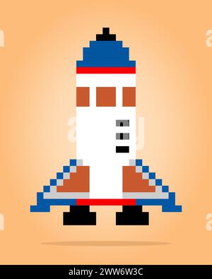 8-Bit-Pixel-Raketenebene für Spielelemente und Kreuzstichmuster in Vektorillustrationen. Stock Vektor