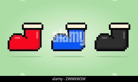 weihnachtsstiefel mit 8 Bit Pixeln. Vektorillustration für Kreuzstich und Häkelmuster. Stock Vektor