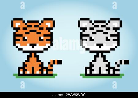 8 Bit Pixel pro Tiger. Tiere für Spielmaterial und Kreuzstichmuster in Vektorabbildungen. Stock Vektor