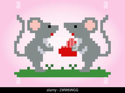 8-Bit-Pixel von verliebten Ratten. Tier für Spielelemente und Kreuzstichmuster in Vektorillustrationen. Stock Vektor
