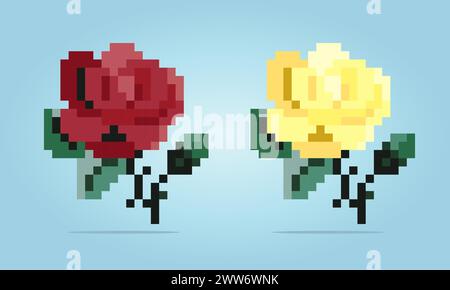 8 Bit Pixel Rose. Blumen für Asset-Spiele und Kreuzstichmuster in Vektorillustrationen. Stock Vektor