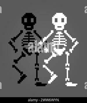 8-Bit-Pixel-menschliches Skelett für Spielelemente und Kreuzstichmuster in Vektorillustrationen Stock Vektor