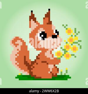 8-Bit-Pixel Eichhörnchen mit Blume. Tierpixel für Spielelemente und Kreuzstichmuster in Vektorillustrationen. Stock Vektor