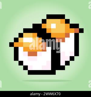 8-Bit-Sushi. Lebensmittelpixel für Spielelemente und Kreuzstichmuster in Vektorillustrationen. Stock Vektor