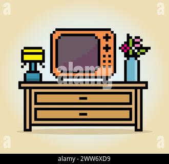 Klassisches 8-Bit-Pixel-Fernsehen in Vektorillustration für Spielelemente. Vintage TV Pixel Art. Stock Vektor