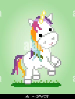 8-Bit-Pixel-Einhorn farbenfroh für Spielsymbole. Abbildung Vektor-Kreuzstichmuster Stock Vektor