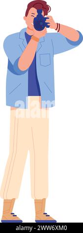 Mann macht professionelles Foto. Junger männlicher Fotograf Charakter isoliert auf weißem Hintergrund Stock Vektor