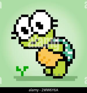 8-Bit-Pixel-Schildkröte sah eine Pflanze. Tierpixel in Vektorillustration für Spielelemente oder Kreuzstichmuster. Stock Vektor