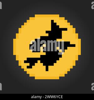 8-Bit-Pixel die Hexe fliegt mit einem Besen, in Vektorillustration für Spielmaterial oder Kreuzstichmuster Stock Vektor