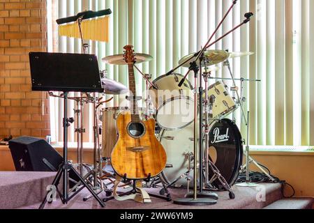 Musikinstrument zum Lob in einer protestantischen Kirche in Toronto, Kanada Stockfoto