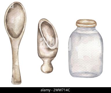 Holzlöffel, Flasche und Spachtel in Aquarellfarben. Illustration von Küchenutensilien im Kinfolk-Stil, Küchenutensilien Stockfoto