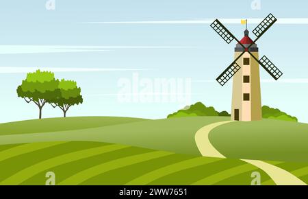 Ländliche Landschaft mit Windmühle und Wiese oder Reisfeld. Vektorabbildung. Stock Vektor