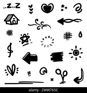 Hand gezeichneter Doodle-Abstract von Swash Black Thin Line Set umfassen Herz, Kontur, Kreis und Pfeilzeichen in Vektorillustration Stock Vektor