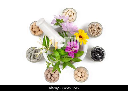 Nahrungsergänzungsmittel auf Basis von Wirkstoffen aus Heilpflanzen. Stockfoto