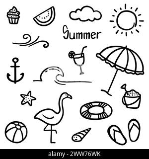 Handgezeichnetes Sommermotiv. Dünne schwarze Linie abstrakte Doodle Strand Urlaub Werkzeuge in mehreren Sammlung in Vektor Illustration Stock Vektor