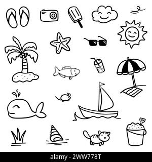 Handgezeichnetes Sommermotiv. Dünne schwarze Linie abstrakte Doodle Strand Urlaub Werkzeuge in mehreren Sammlung in Vektor Illustration Stock Vektor