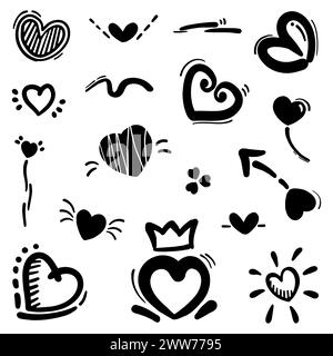 Abstraktes Doodle Heart. Thin Line Black in vielen Sammlungen. Pinsel Zeichen isolierte Liebe in Vektor-Illustration Stock Vektor