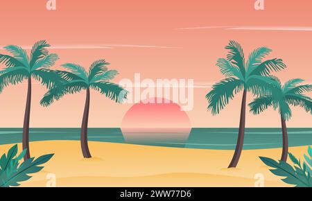 Sonnenuntergang am Strand mit Palmen. Vektorabbildung. Stock Vektor