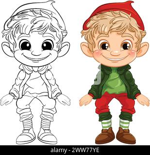 Vektor-Illustration eines Elfs, farbige und Strichgrafik. Stock Vektor